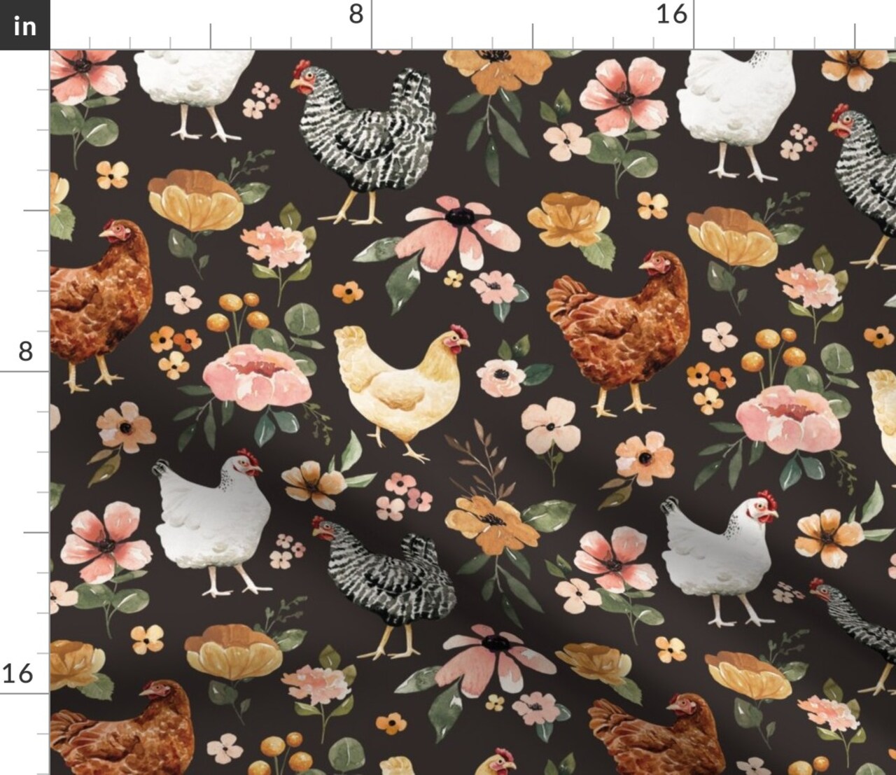 Farmhouse Chickens Hens Watercolor Peony Pink Floral Farm Animals Wildflowers Vintage Charcoal Gray Custom Printed Fabric by Spoonflower Various Fabrics by the Yard or Fat Quarter